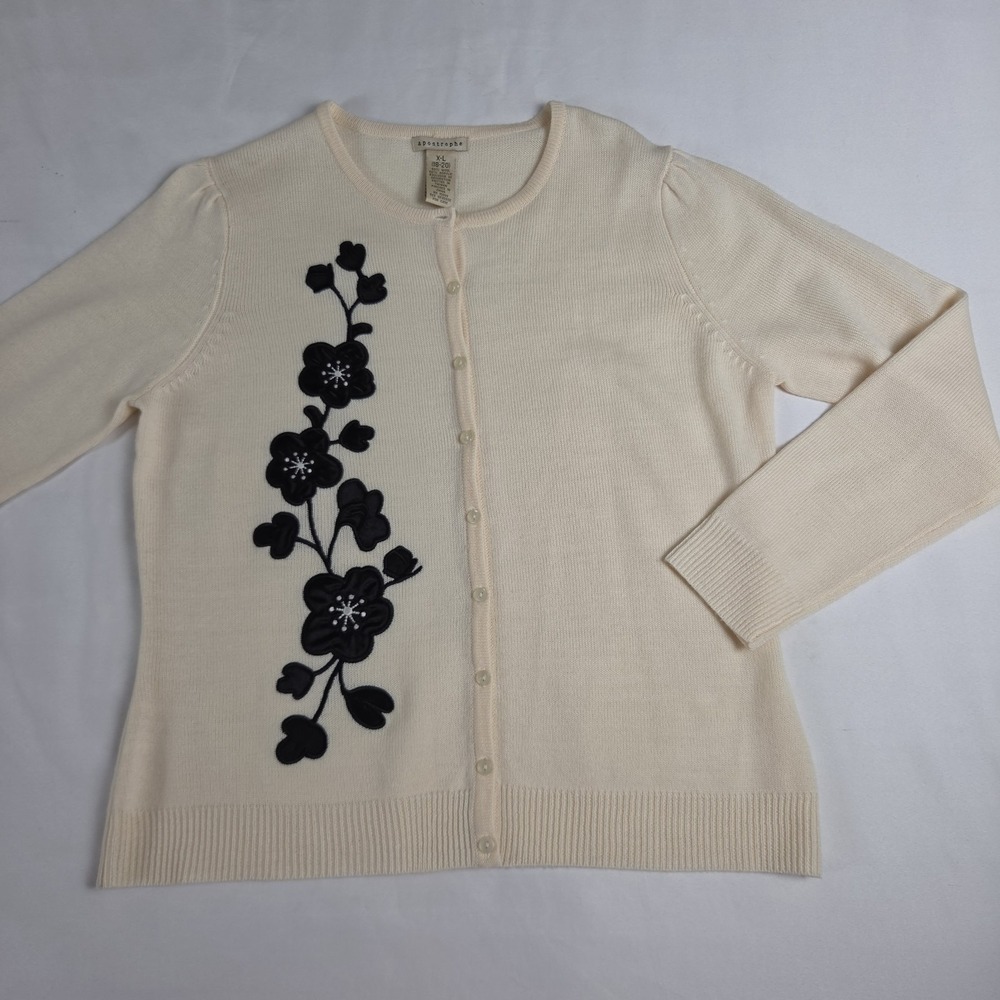 Apostrophe Cream Cardigan Sweater Black Floral  Applique XL